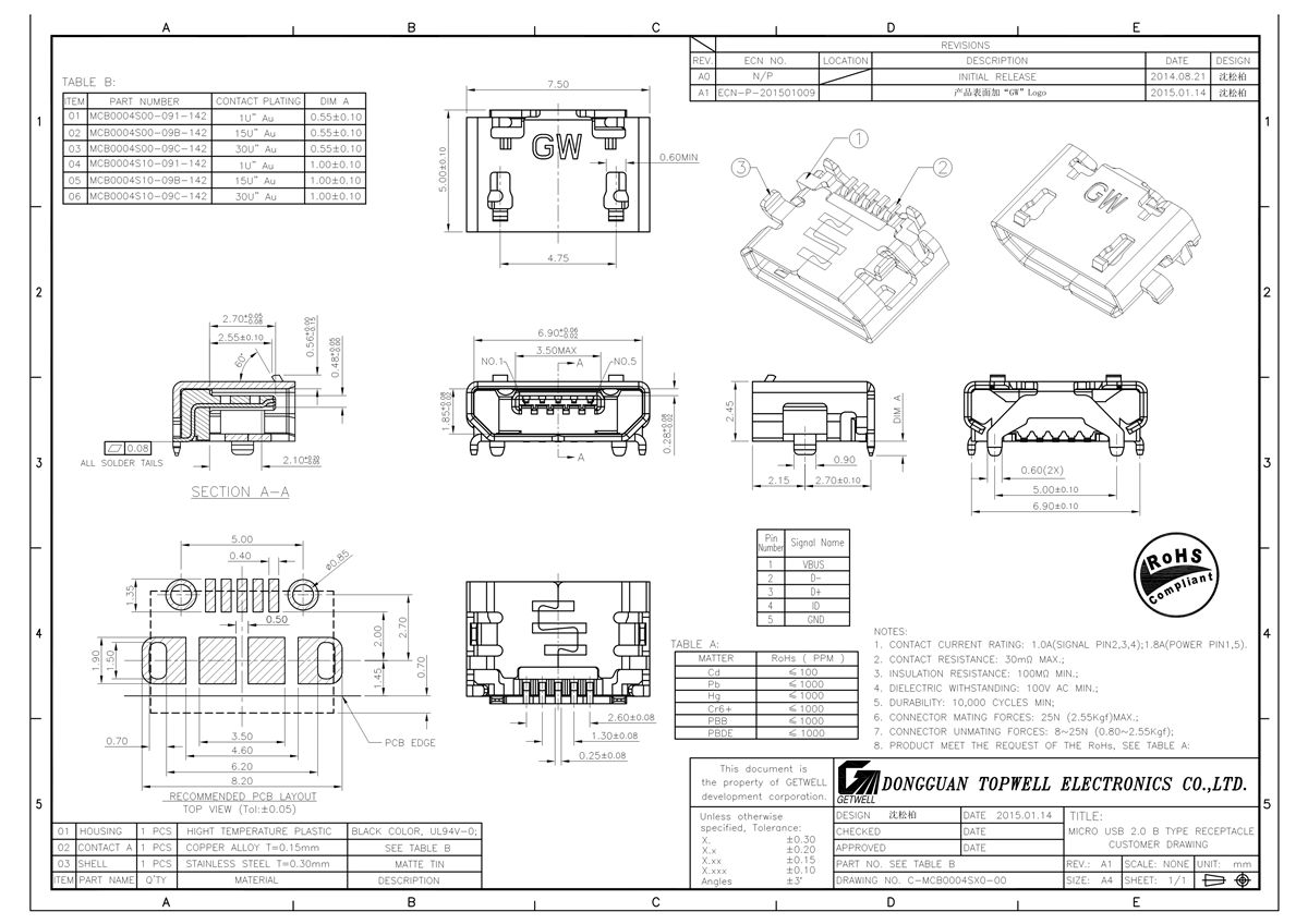 micro usb卡座 MCB-0004S10-091-142