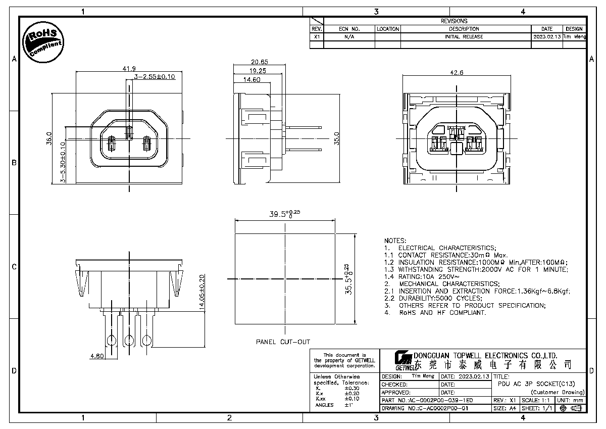 PDU Socket 電源插座 AC-0002P00-039-1E0