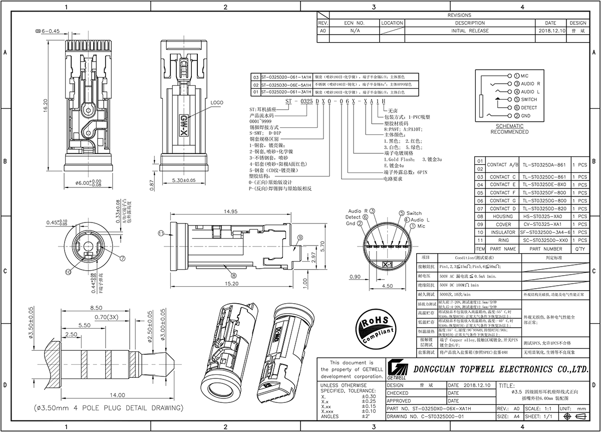 3單孔耳機插座 ST-0325D20-06E-1A1H